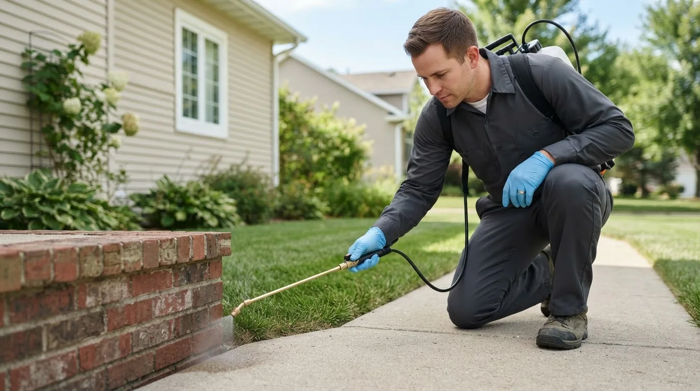 Pest control technician treating a home near Middlefield, CT